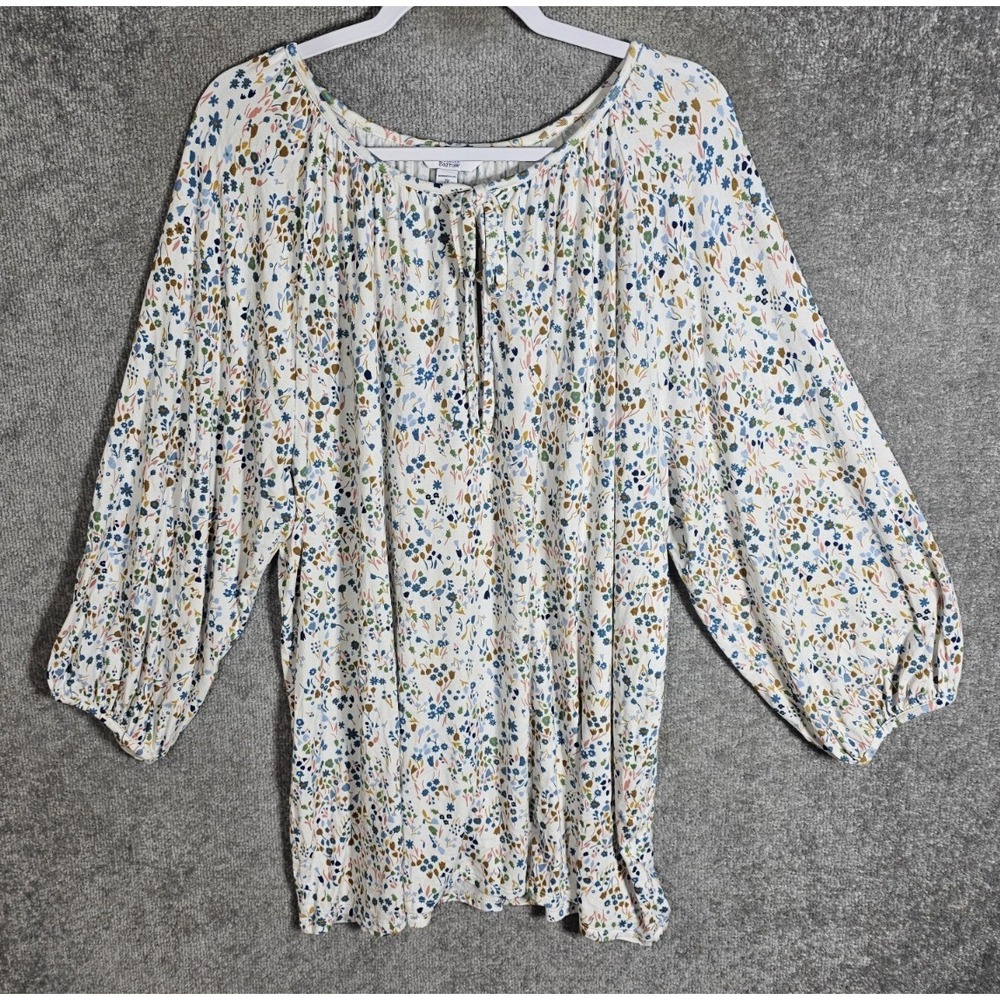 Croft & Barrow Floral Top Womens Plus Sz 2X Stretch Tie Neckline 3/4 Puff Sleeve
